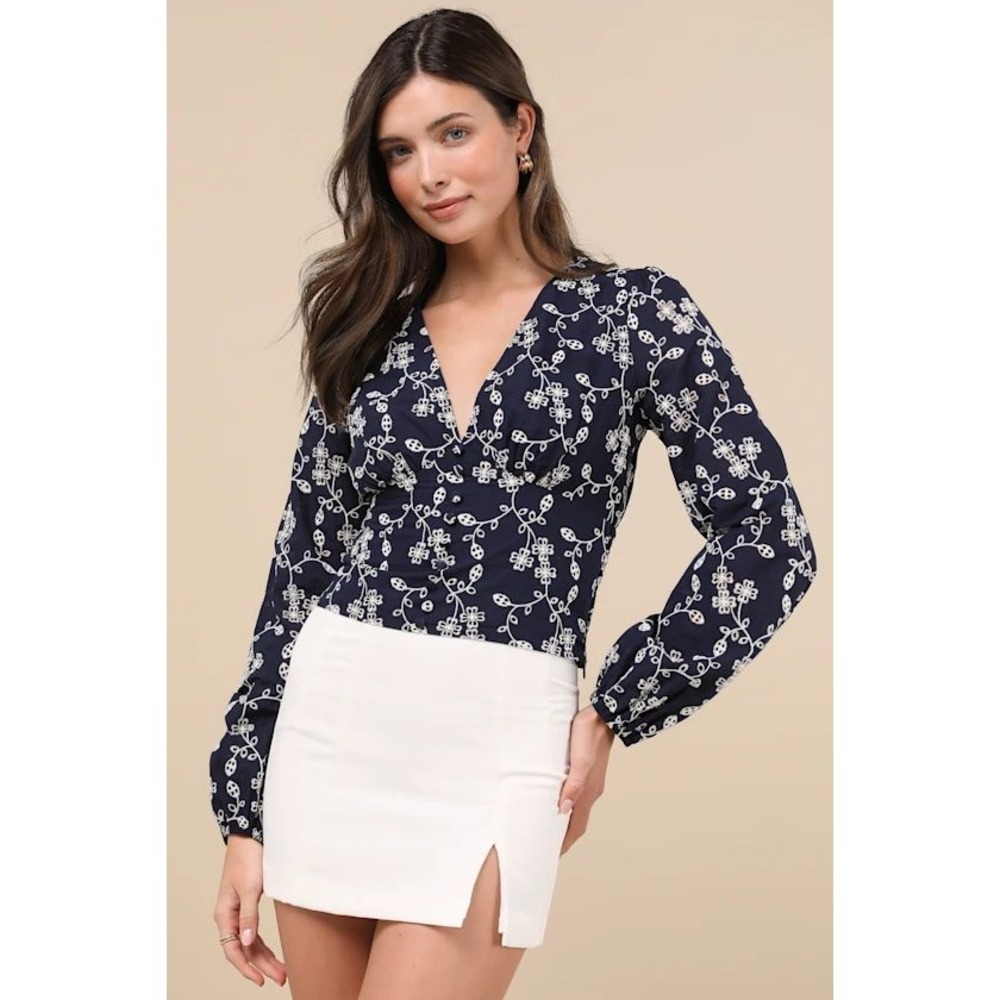 Lulus Sincere Charisma Navy Eyelet Embroidered Long Sleeve Top V-Neck Navy MD